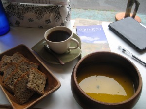 Pumpkin soup and whole grain bread. The delicious cuisine of Nature Cafe.